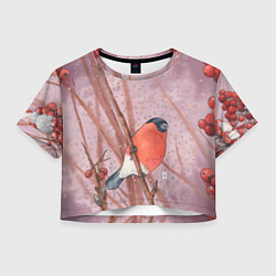 Футболка 3D укороченная женская Акварельный снегирь в рябине, цвет: 3D-принт