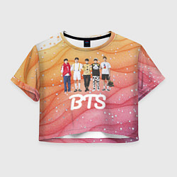 Футболка 3D укороченная женская BTS желто-розовый блестящий фон, цвет: 3D-принт