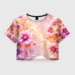 Футболка 3D укороченная женская Нежный розовый цветочный с золотистым свечением, цвет: 3D-принт