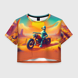 Футболка 3D укороченная женская Робот Бендер на мотоцикле в пустыне, цвет: 3D-принт