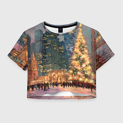 Футболка 3D укороченная женская Москва - сити и новогодняя елка, цвет: 3D-принт