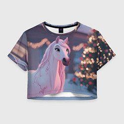 Футболка 3D укороченная женская Лошадка и новогодняя елка, цвет: 3D-принт
