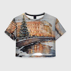 Футболка 3D укороченная женская Новогодняя елка в Питере, цвет: 3D-принт