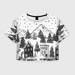 Футболка 3D укороченная женская Заснеженный черно-белый город, цвет: 3D-принт