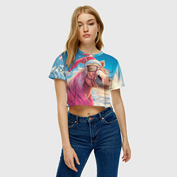 Футболка 3D укороченная женская Новогодняя лошадь в очках, цвет: 3D-принт — фото 2