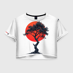 Футболка 3D укороченная женская Японское дерево и солнце, цвет: 3D-принт