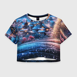 Футболка 3D укороченная женская Новогодний двор в блестках, цвет: 3D-принт