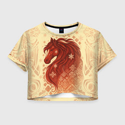 Футболка 3D укороченная женская Славянский конь, цвет: 3D-принт