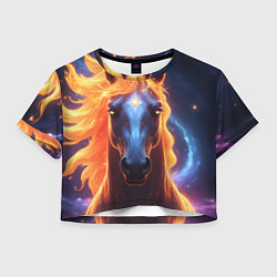 Футболка 3D укороченная женская Космическая огненная лошадь, цвет: 3D-принт
