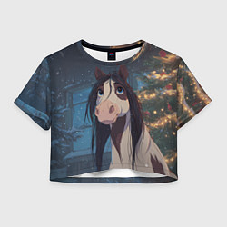 Футболка 3D укороченная женская Белая пятнистая новогодняя лошадка, цвет: 3D-принт