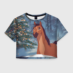 Футболка 3D укороченная женская Лошадь на фоне новогодней елки, цвет: 3D-принт