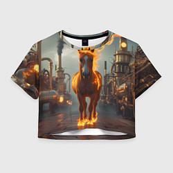Футболка 3D укороченная женская Стимпанк и огненная лошадь, цвет: 3D-принт
