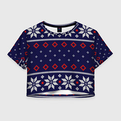 Футболка 3D укороченная женская Вязаный новогодний узор, цвет: 3D-принт