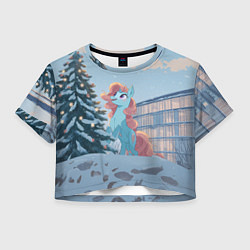 Футболка 3D укороченная женская Новогодняя лошадка у елочки, цвет: 3D-принт