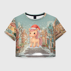 Футболка 3D укороченная женская Маленькая новогодняя милая лошадка, цвет: 3D-принт