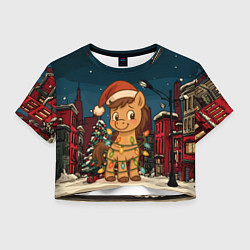 Футболка 3D укороченная женская Лошадка в новогодней гирлянде, цвет: 3D-принт