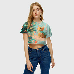 Футболка 3D укороченная женская Милый рыжий котенок любуется елкой, цвет: 3D-принт — фото 2