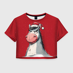 Футболка 3D укороченная женская Недовольная новогодняя лошадь, цвет: 3D-принт