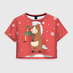 Футболка 3D укороченная женская Новогодняя лошадка с подарками, цвет: 3D-принт