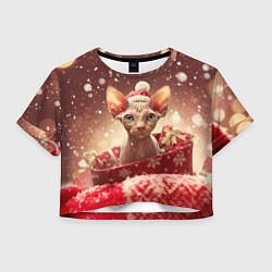Футболка 3D укороченная женская Сфинкс новогодняя кошка, цвет: 3D-принт
