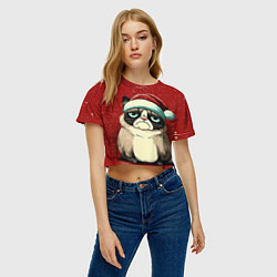 Футболка 3D укороченная женская Грустный Новогодний мем котик, цвет: 3D-принт — фото 2