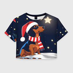 Футболка 3D укороченная женская Новогодняя такса и звезды, цвет: 3D-принт