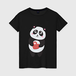 Футболка хлопковая женская Панда с сердечком, цвет: черный