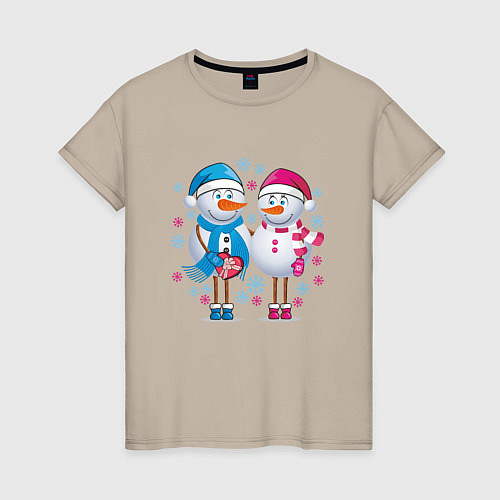 Женская футболка Влюбленные снеговики / Миндальный – фото 1