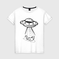 Футболка хлопковая женская Ufo cat, цвет: белый