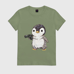 Футболка хлопковая женская Пингвин с пистолетом, цвет: авокадо