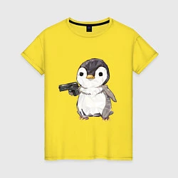 Футболка хлопковая женская Пингвин с пистолетом, цвет: желтый