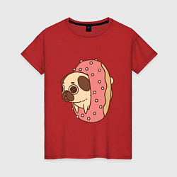 Футболка хлопковая женская Мопс-пончик, цвет: красный