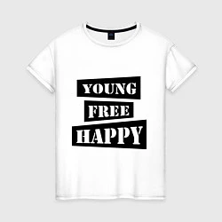 Футболка хлопковая женская Young free happy, цвет: белый