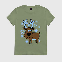 Футболка хлопковая женская Олень и снежинки, цвет: авокадо