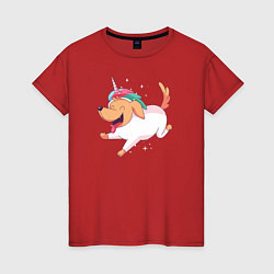 Футболка хлопковая женская Собачка в костюме Единорога, цвет: красный