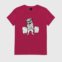 Футболка хлопковая женская Мопс пауэрлифтер, цвет: маджента