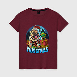 Футболка хлопковая женская Рождественский мопс, цвет: меланж-бордовый