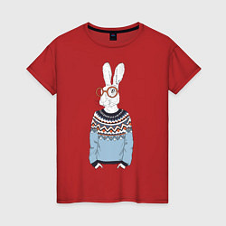 Футболка хлопковая женская Кролик в свитере и очках, цвет: красный