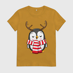 Футболка хлопковая женская Пингвин в шарфике, цвет: горчичный