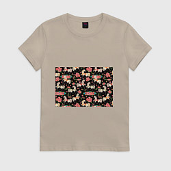 Футболка хлопковая женская Лошади и цветы, цвет: миндальный