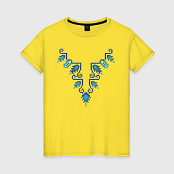 Футболка хлопковая женская Славянский узор сине-голубой, цвет: желтый