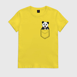 Футболка хлопковая женская Довольная панда в кармане, цвет: желтый