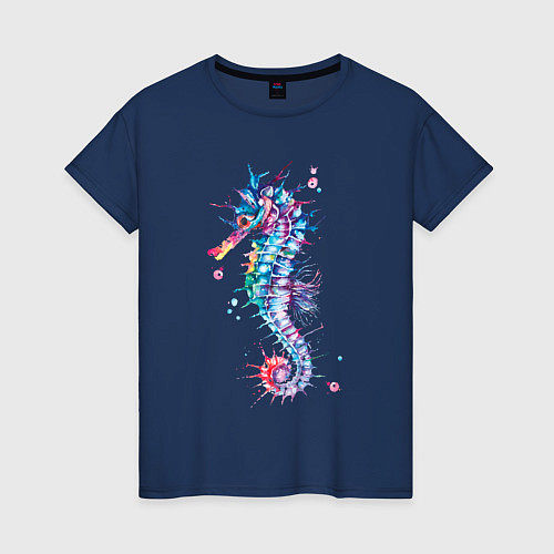 Женская футболка Морской конек акварель / Тёмно-синий – фото 1