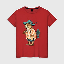Футболка хлопковая женская Кот рыбак, цвет: красный