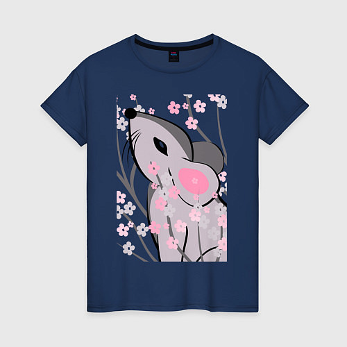 Женская футболка Мышка и сакура / Тёмно-синий – фото 1