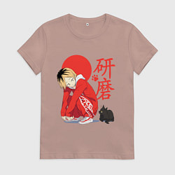 Футболка хлопковая женская Кенма Козуме с котиком Haikyuu, цвет: пыльно-розовый