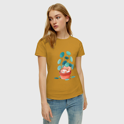 Женская футболка Котик и цветы / Горчичный – фото 3