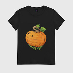 Футболка хлопковая женская Недовольная тыква, цвет: черный