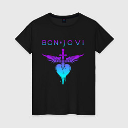 Футболка хлопковая женская BON JOVI NEON LOGO HEART, цвет: черный