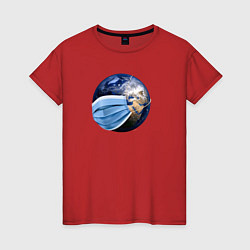 Футболка хлопковая женская Планета Земля в маске, цвет: красный